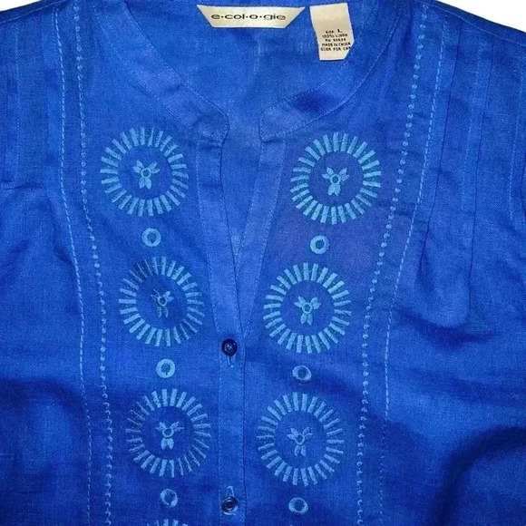 E•COL•O•GIE size Large 100% linen beautiful blue with detailed embroidery top - Picture 6 of 12
